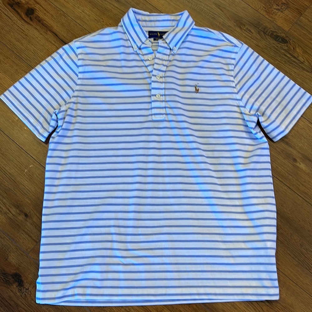 Polo Ralph Lauren Mens Knit Oxford Shirt Button Down White Stripe Cotton Size L